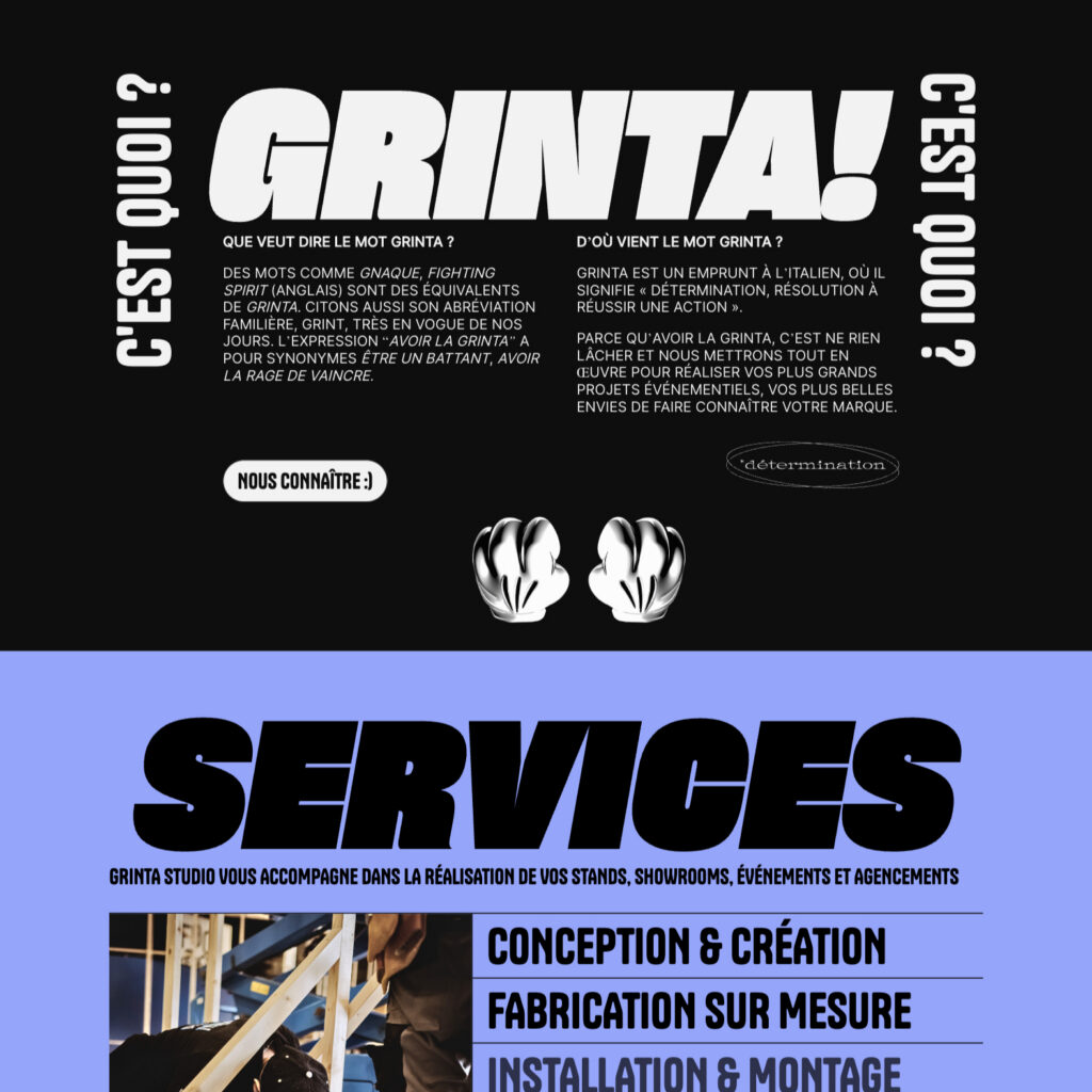 Grinta Studio - section présentation sur la page d'accueil
