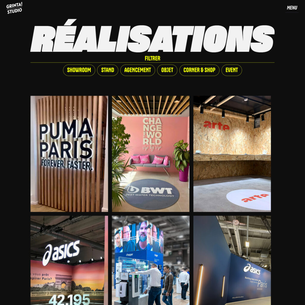 Grinta Studio - page réalisations, thème WordPress personnalisé